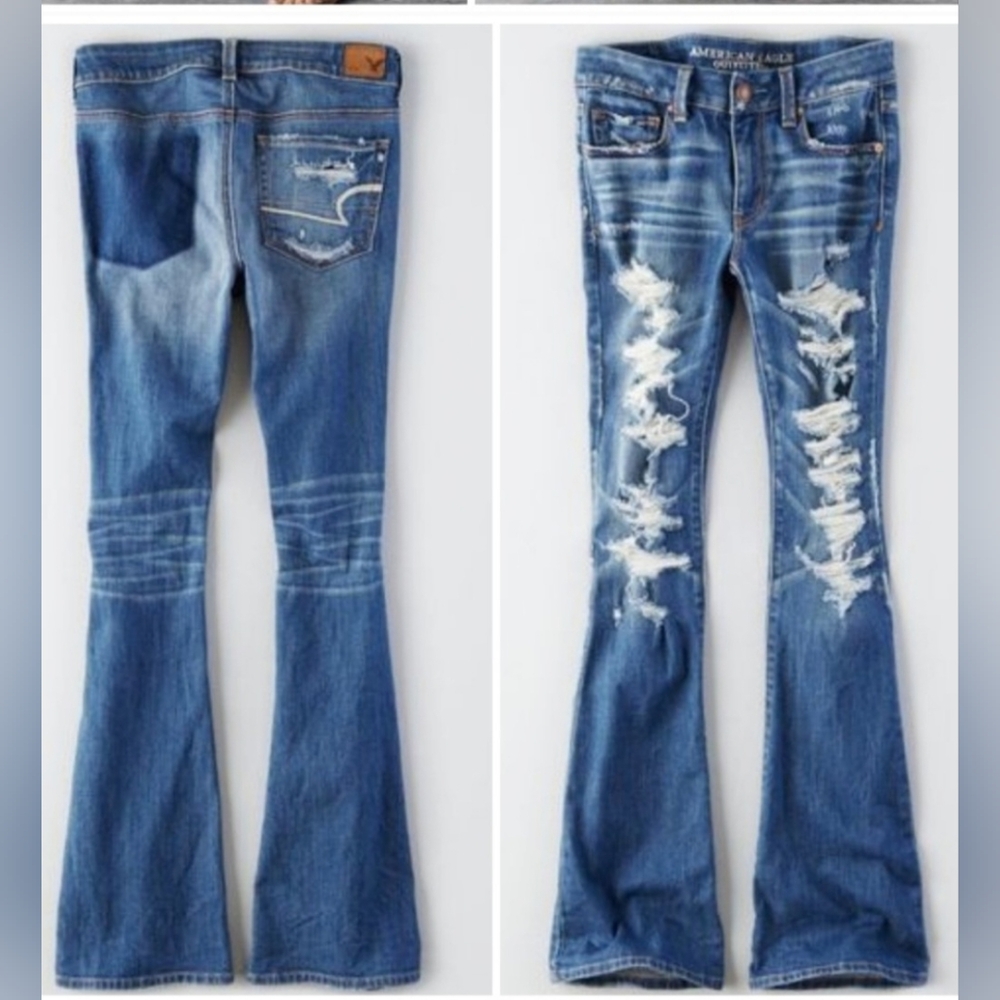 American Eagle AEO Boho Artist Distressed Destroyed Flare Denim Jeans 8 - Picture 7 of 15